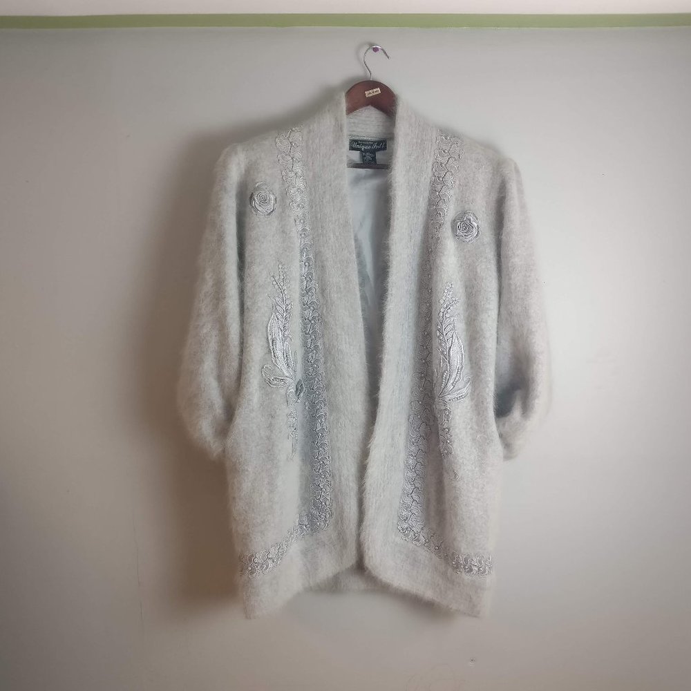 Angora Cardigan Jacket, 80%Angora+10%Wool Open Front Knit Cocoon Cardigan, M